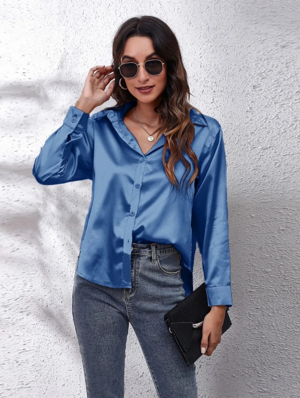 Blue Collared Neck Buttoned Long Sleeve Shirt